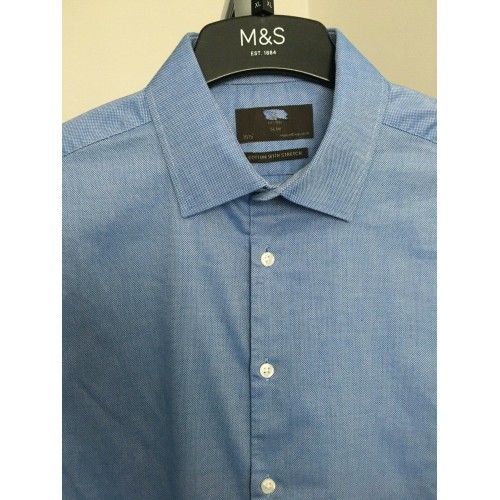 Mens Ex M&s Formal Shirts Seconds Stripe Checked B [Collar & Fitting: 15 1/2 Slim Shirt Style: Blue Textured Cotton Rich [F20BT]]