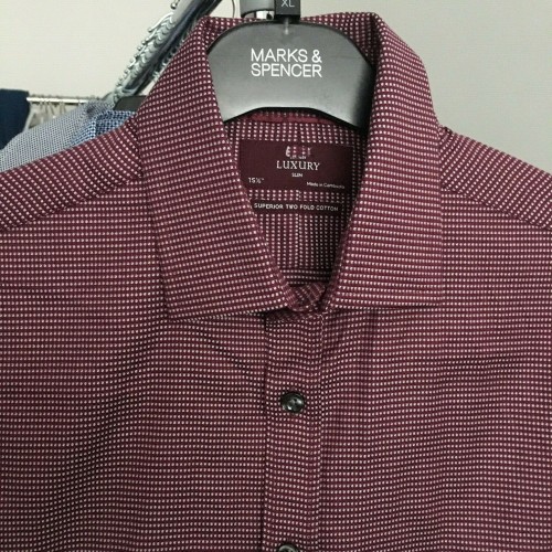 Mens Ex M&s Formal Shirts Seconds Stripe Checked B [Collar & Fitting: 15 1/2 Slim Shirt Style: Burgundy Luxury Superior Two Fold Cotton [F20XB]]