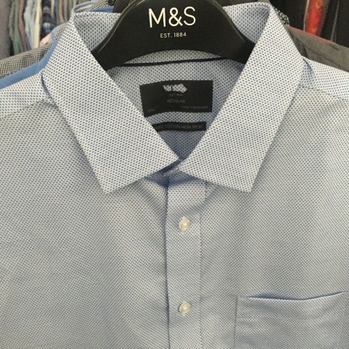 Mens Ex M&s Formal Shirts Seconds Stripe Checked B [Collar & Fitting: 16 1/2 Regular Shirt Style: Blue Textured Pure Cotton Non Iron [F20TB]]