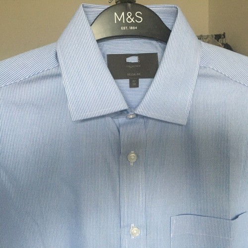 Mens Ex M&s Formal Shirts Seconds Stripe Checked B [Collar & Fitting: 15 Regular Shirt Style: Blue Stripe Polycotton [F20SB]]